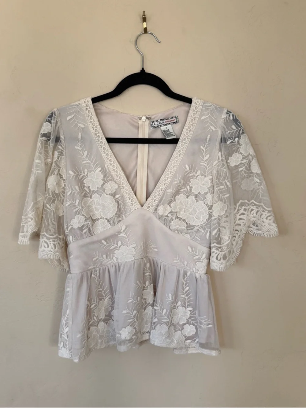 A Calin Lace Peplum Top Boho Cottagecore Sheer Floral Romantic Blouse - Picture 2 of 9